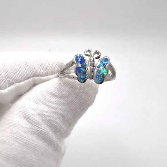 Sale $18 Firm! .925 Sterling Silver Lab Created Blue Opal Butterfly Ring - Picture 14 of 14